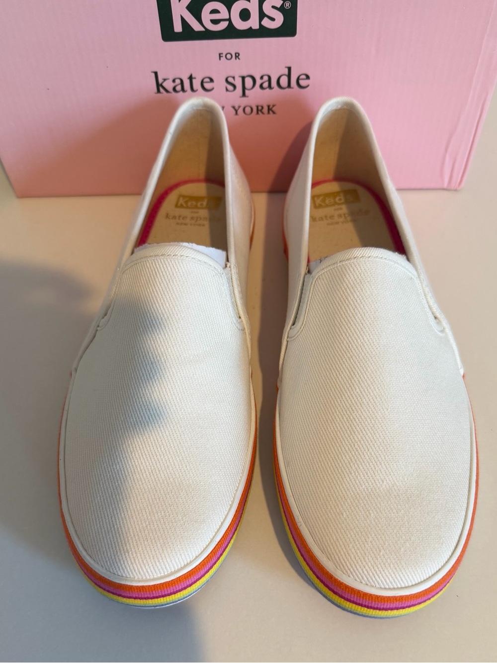 Keds White Slip-On Sneakers with Rainbow Sole Trim Size 9